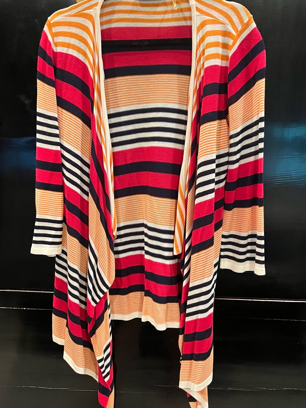 Striped Open-Front Cardigan with Orange, Navy, White and & Red Stripes